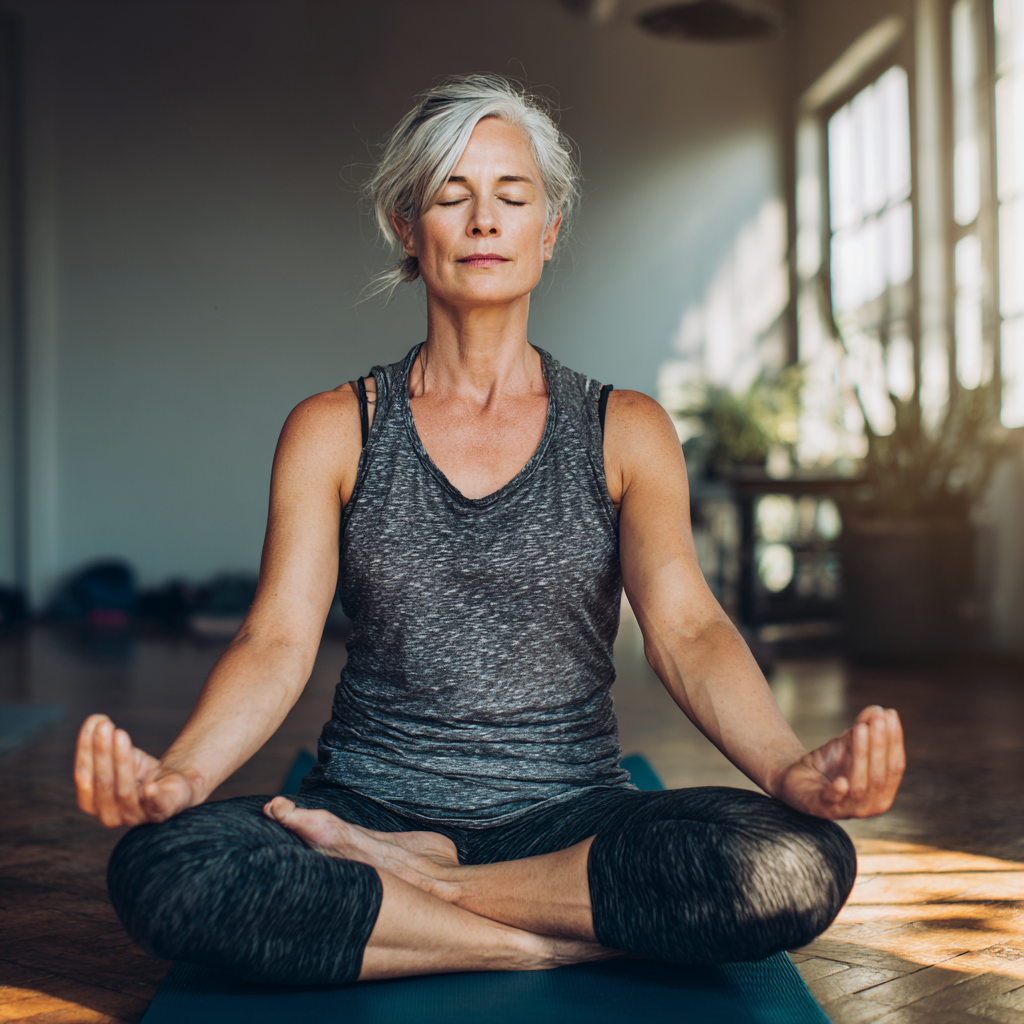 Middle-aged woman practicing hatha yoga poses in serene studio environment