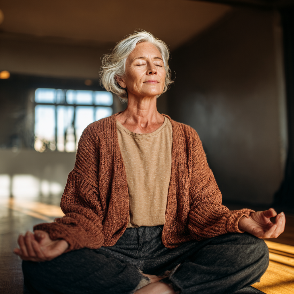Senior woman practicing meditation in peaceful yoga studio